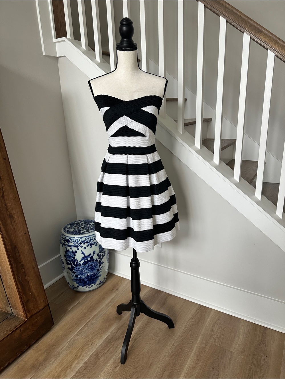 Express Black and White Strapless Fit-and-Flare Dress